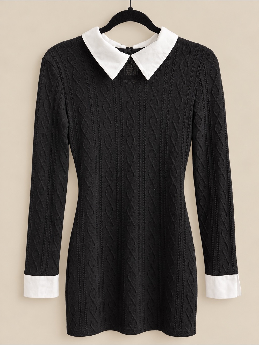 Black Long-Sleeve Knit Dress with White Collar and Cuffs